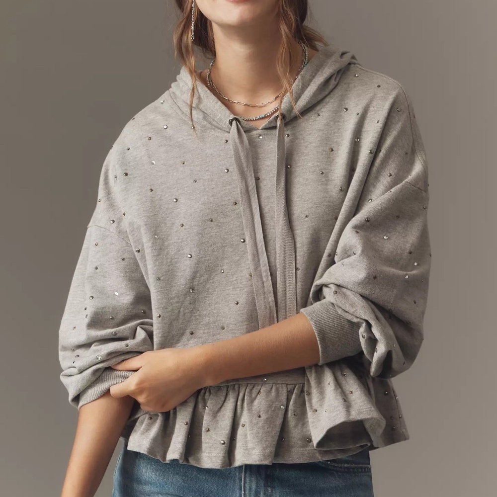 Anthropologie Pilcro Drop-Shoulder Flounce Hoodie Heather Grey Top NWT size XS